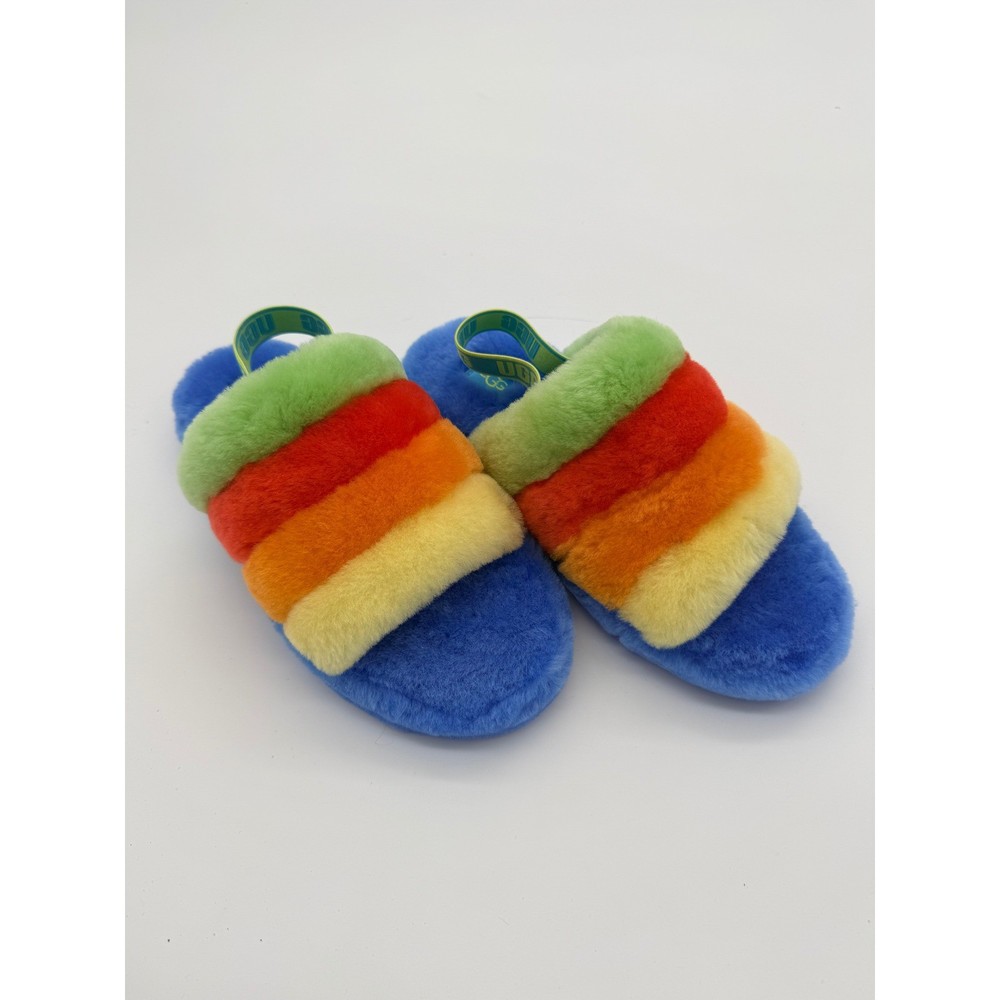UGG Fluff Yeah Kids Rainbow Stripe Blue Faux Fur Slingback Summer Slides Size 6