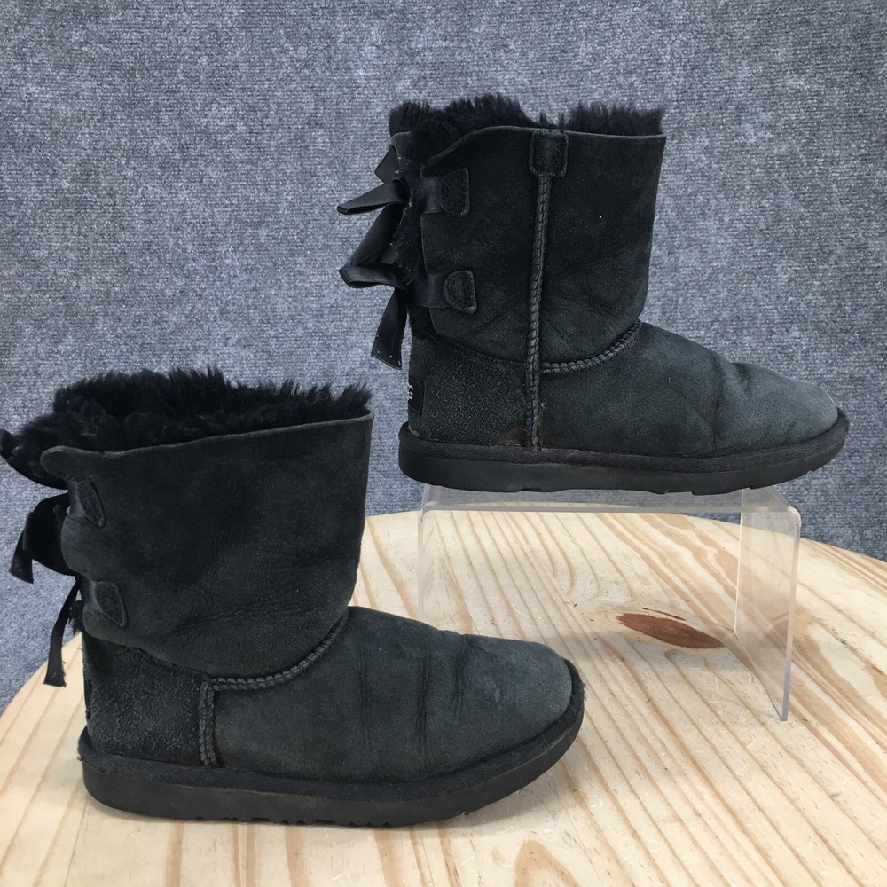 UGG Boots Youth 1 Bailey Bow II Shearling Black Pull On Ankle Top Comfort Casual
