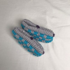 Kids Handmade Knitted Slippers Grey Purple And Blue