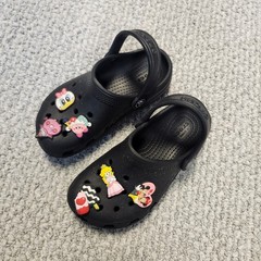 Black Crocs Classic Clogs with Nintendo Character Jibbitz Charms Size 11 Toddler