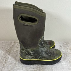 Bogs Youth 11 Waterproof Rain Boots Snake Camo Green Pull On Handles Kids