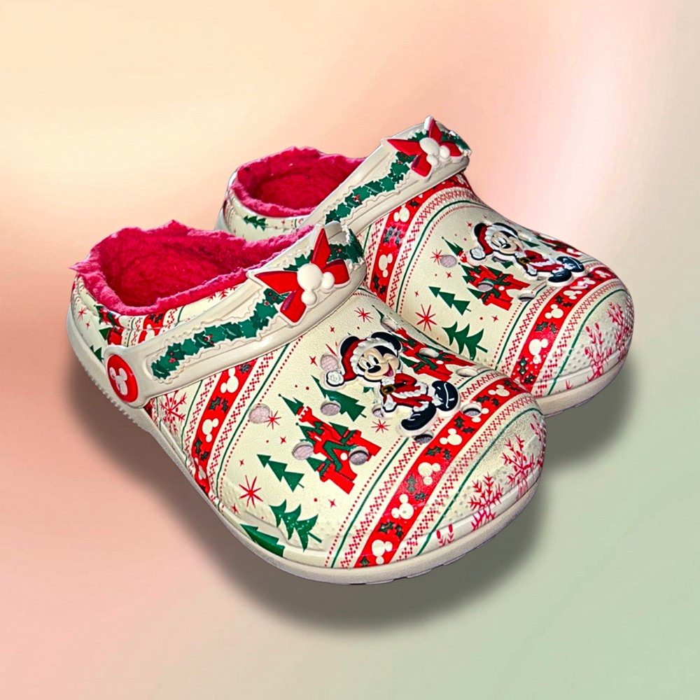 Crocs Kids Disney Mickey Mouse Christmas Lined Clogs Slip-On White/Red/Green 9