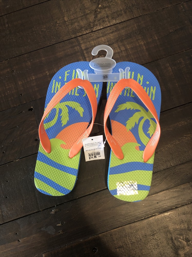 Fun In The Sun Flip Flops Blue and Orange Green Size Youth 2/3 Seaworld Parks