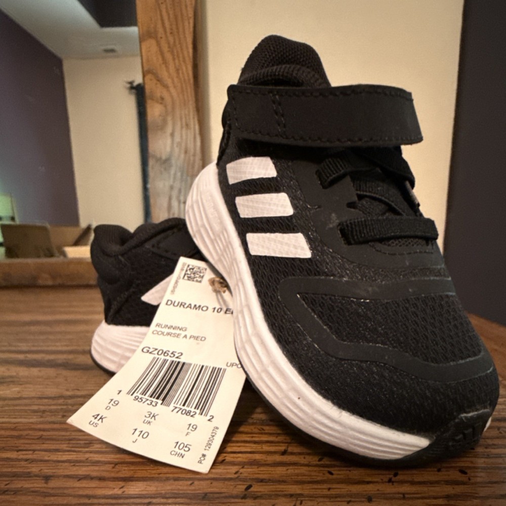 adidas Duramo 10 EL I Kids Black White Mesh Sneakers 4K Lightweight Hook & Loop