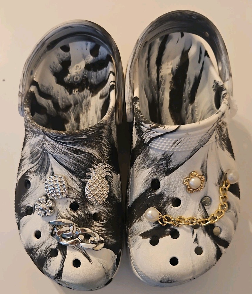 Crocs Comfort Slide Clogs Youth Size 3 J3 Black & White Marbled