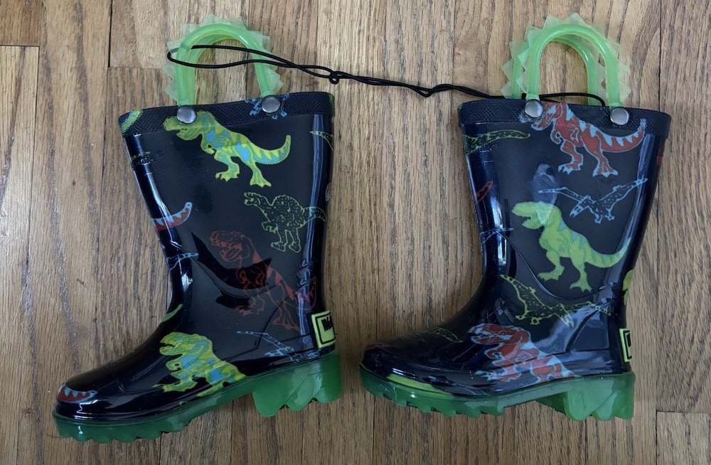 Western Chief Wade Dino Lighted Rain Boot Dinosaur Print Black Kids Size 5 LED