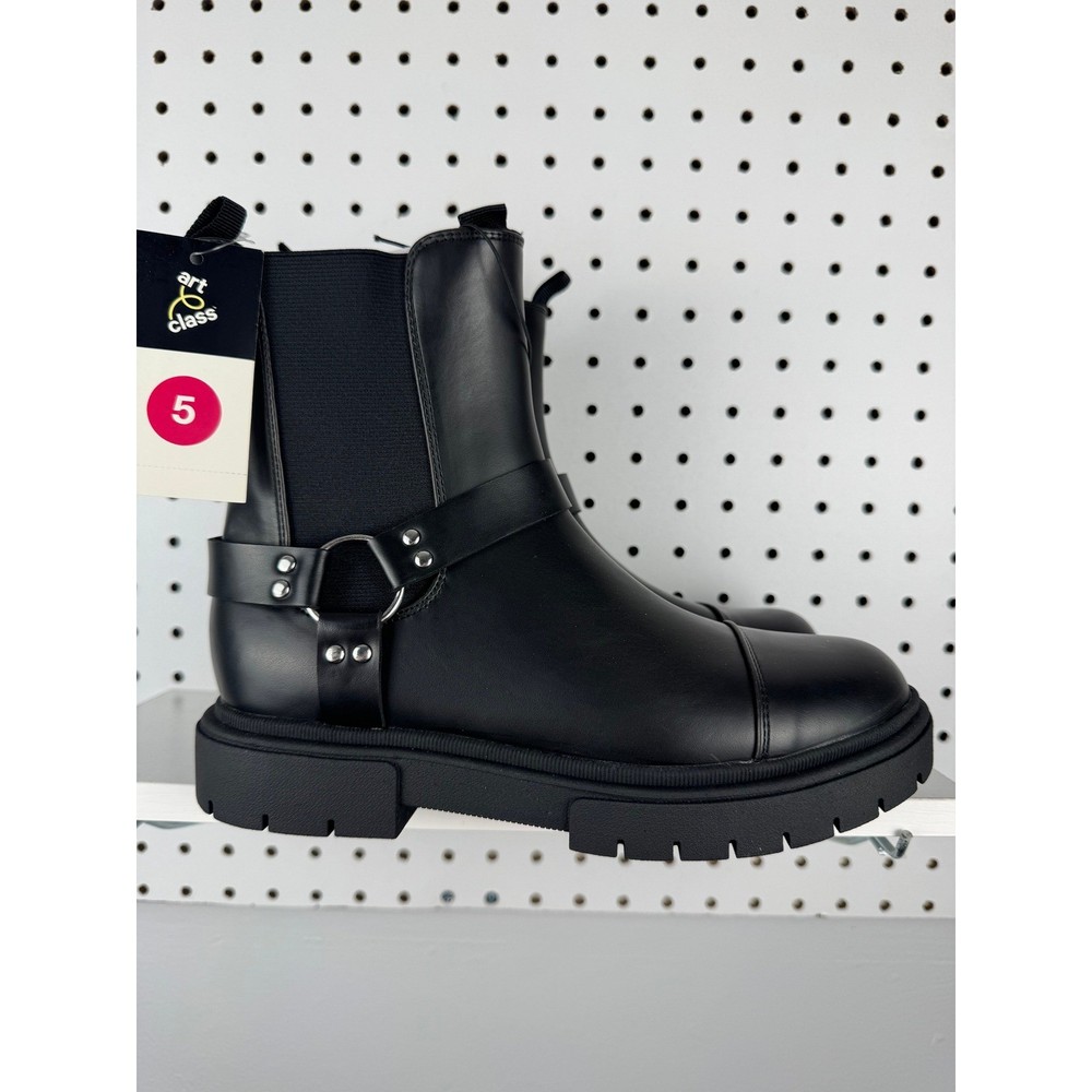 Art Class Black Harness Boots Kids Size 5 Chunky Lug Sole Side Zip Ankle Boots