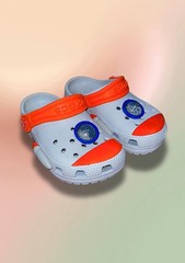 Crocs Rocket Ship Gray Orange Kids C7 Toddler Space Clogs EUC Unisex