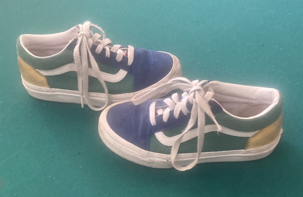 Vans Old Skool Kids Shoes Size 1.5 Color Blue Green & Yellow Excellent Condition