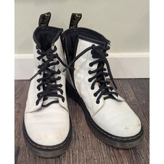 Dr Doc Martens Combat Boots Youth Size 3 White Leather Lace Up Side Zip Moto