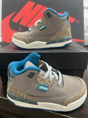 Jordan 3 Unisex Kids Gray Blue Elephant Print Basketball Sneakers