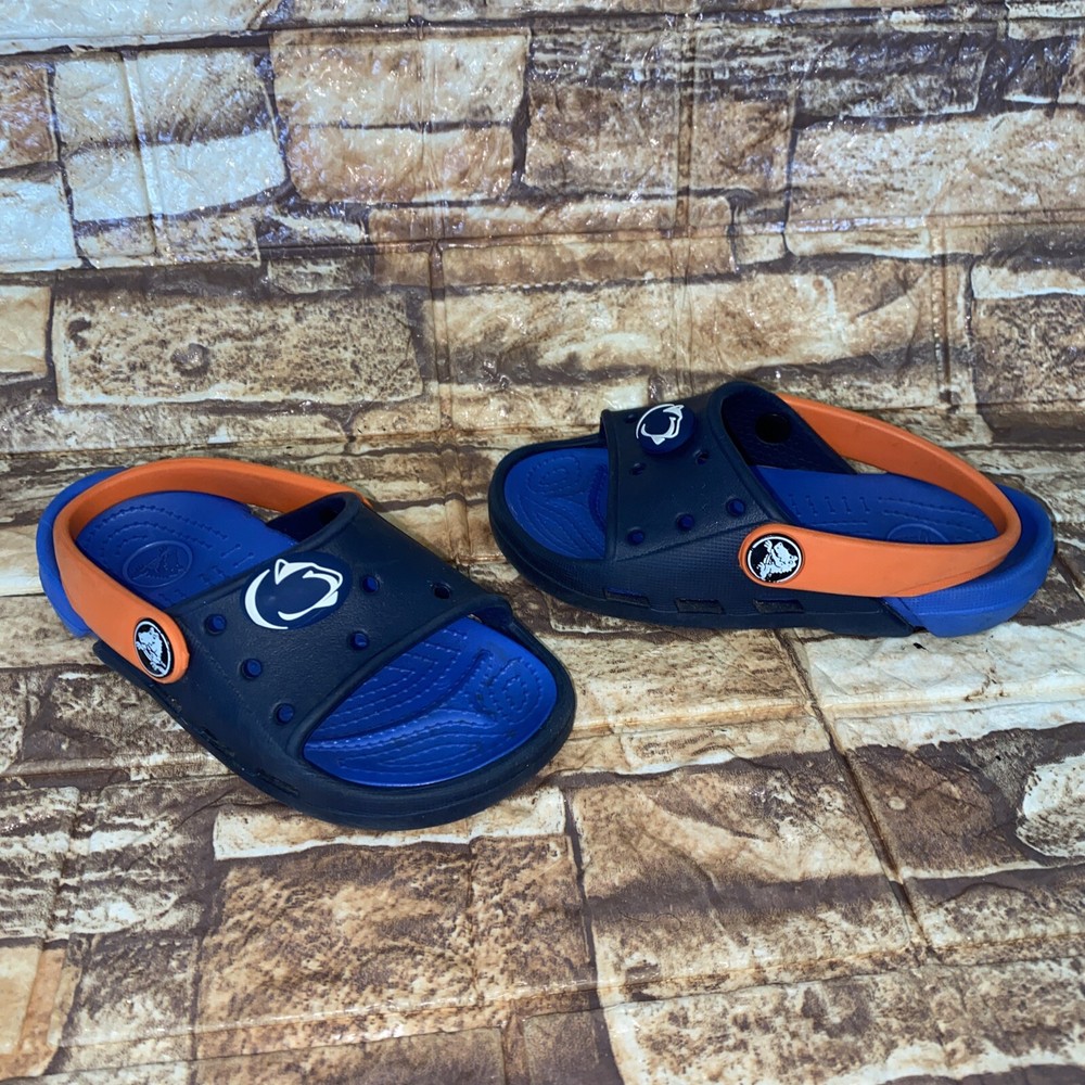 Crocs BAYA slide Open Toe Heel Strap Kids size C 8/9 Blue W/ Penn State Jibbitz