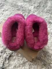 UGG K Cluggette Pink Shearling Suede Slippers Fur Trim Logo EU 36 US 4