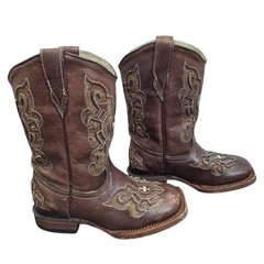 Tanner Mark Kids Brown Leather Square Toe Cross Embroidered Cowboy Boots Size 9
