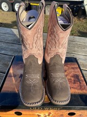 Child 13 brown leather square toe Old West cowboy boots w/dusty pink shaft