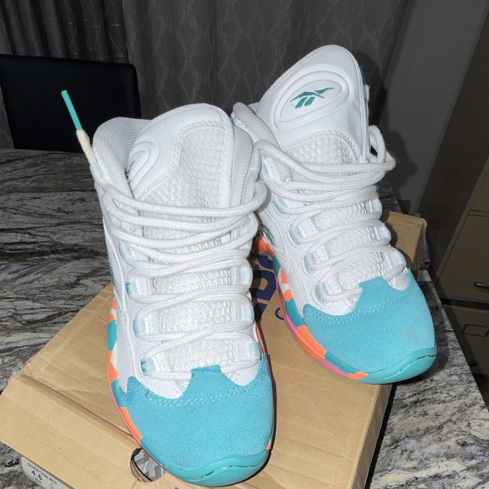 Reebok Question Mid Kids Sneakers US 4.5 White/Teal/Orange/Pink M44624