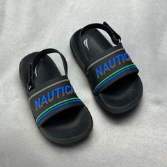 Nautica Kids Size 10 Slide Sandals Black Adjustable Heel Strap Blue Green Logo