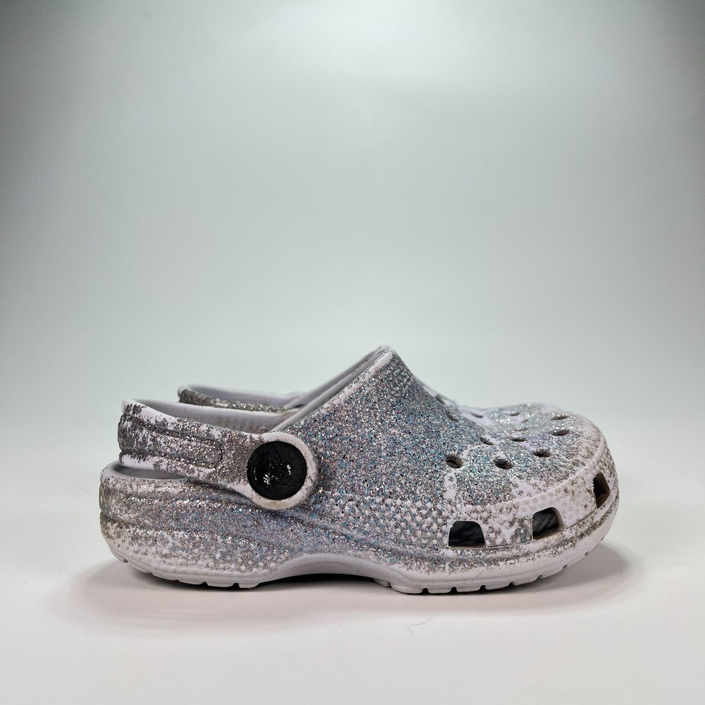 Crocs Gray Classic Clogs Glitter Sparkle Slip On Shoes 206992 Youth Size C9
