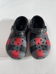 Crocs Classic Lined Red Gray Black Plaid Clog Sz J1