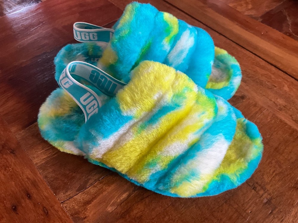 UGG YEAH FLUFF FAUX FUR SLIDE SLIPPERS SIZE 13/31 ELASTIC LOGO RUBBER OUTSOLE