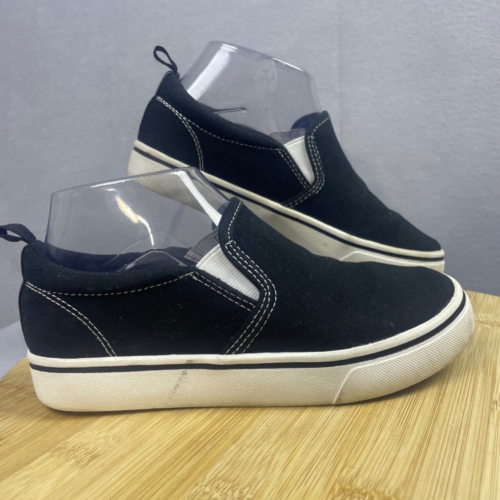 Youth Size 2 Black Canvas Slip On Sneakers Memory Foam Casual Shoes White Trim