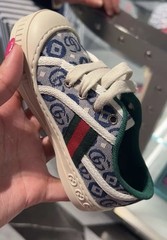 Gucci Kids Logo Print Canvas Sneaker Blue White Green Red Stripe Lace Up