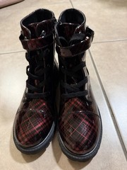 Plaid Patent Leather Ankle Boots Black Red Unisex Kids Size 7 Lace Up Zip