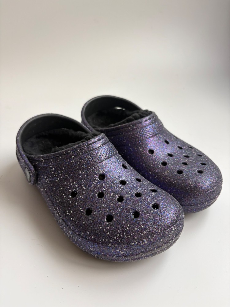 Crocs Classic Lined Glitter Clog Kids Sparkling Purple Iridescent Sz J2 kid shoe