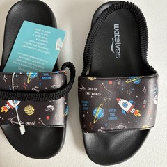 Watelves Kids Space Rocket Ship Galaxy Black Slides Sandals Size L NEW