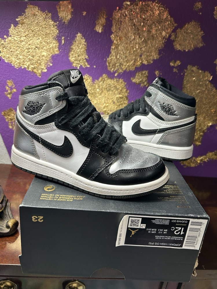 Jordan 1 Retro High Silver Toe Black Athletic Shoes US 12C Pre-School CU0449-001