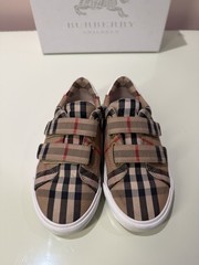 BURBERRY 30 12.5 Beige Markham Check w/ Grip Straps White Leather Sneakers Shoes