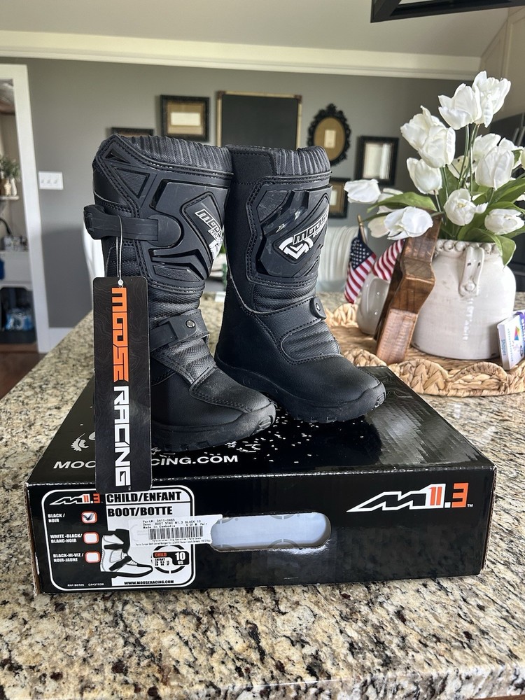 Kids Moose Racing Boots Kids Size 10 Solid Black Boots With White Lettering