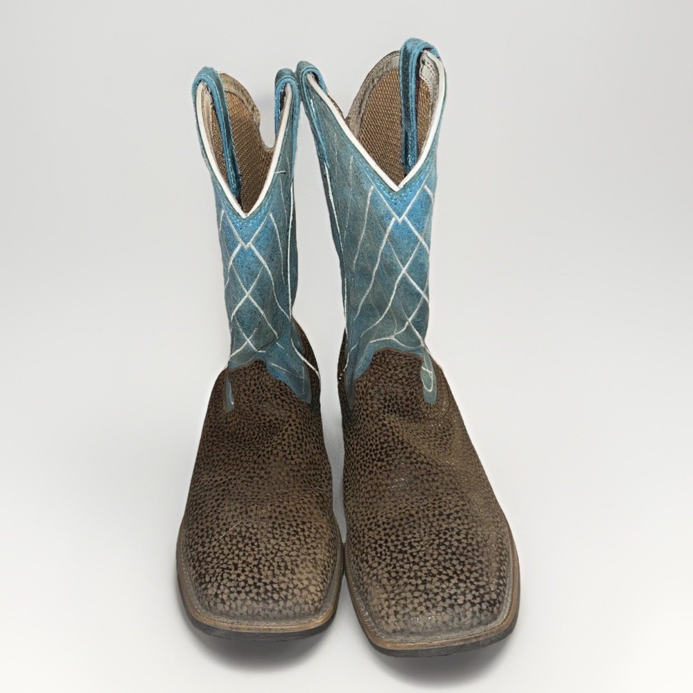 Twisted X Kid’s Top Hand Western Boots Brown/Teal Cross Pattern Size 4.5M