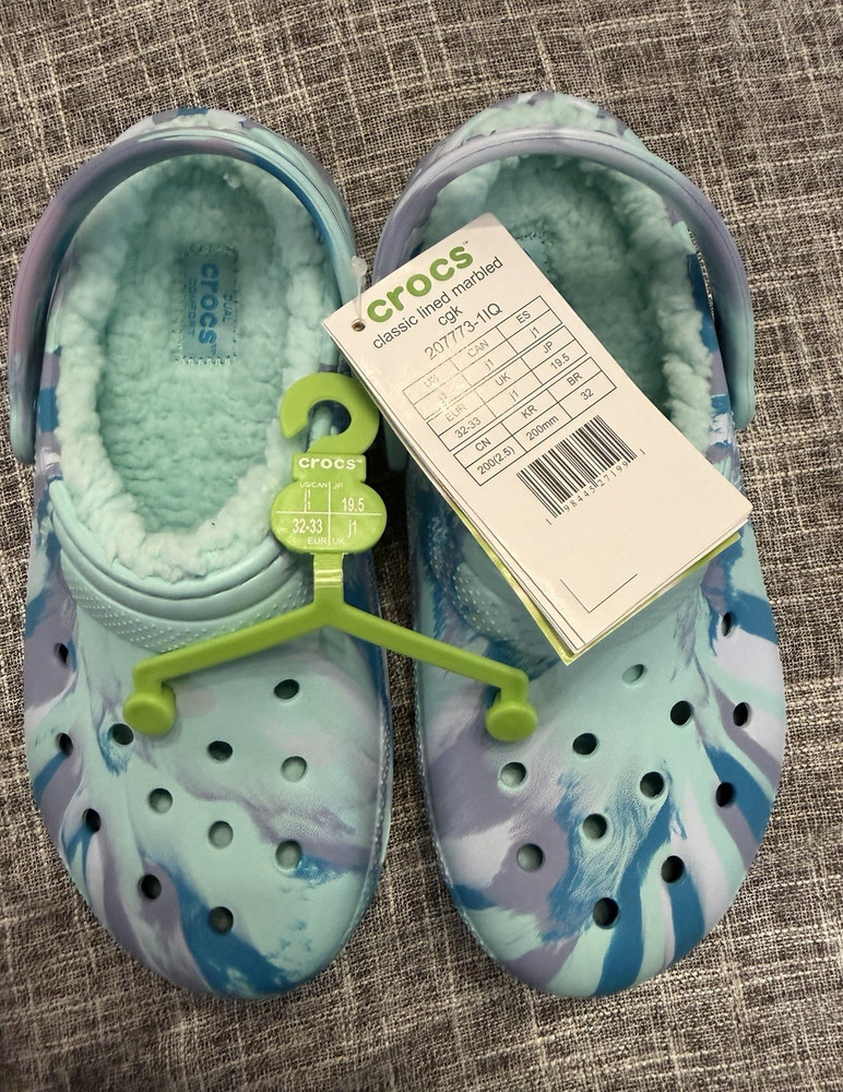 Crocs Classic Lined Marble Clog Lined Unisex Kids J1 Blue Purple Slip-On