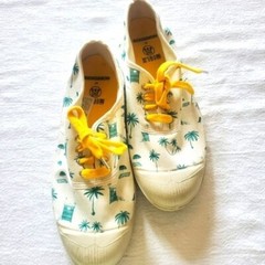 Bensimon x Minix Kids Canvas Tropical Palm Tree Sneakers Cream Teal Yellow Sz 36