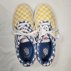 Vans Canvas Low Top Era Tri Checkerboard Skate Shoes Yellow Red Blue Youth Sz 5