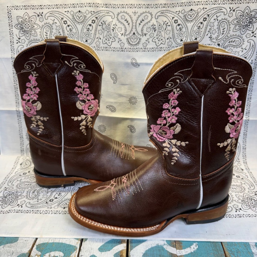 Vaquerita Dark Brown Leather Westarn Cowgirl Boots Size MEX 21/ Youth 1 EUC