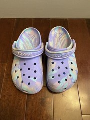 Crocs Kids Tie Dye Clog Purple Pink Blue Slip-On Shoes Logo Strap J4