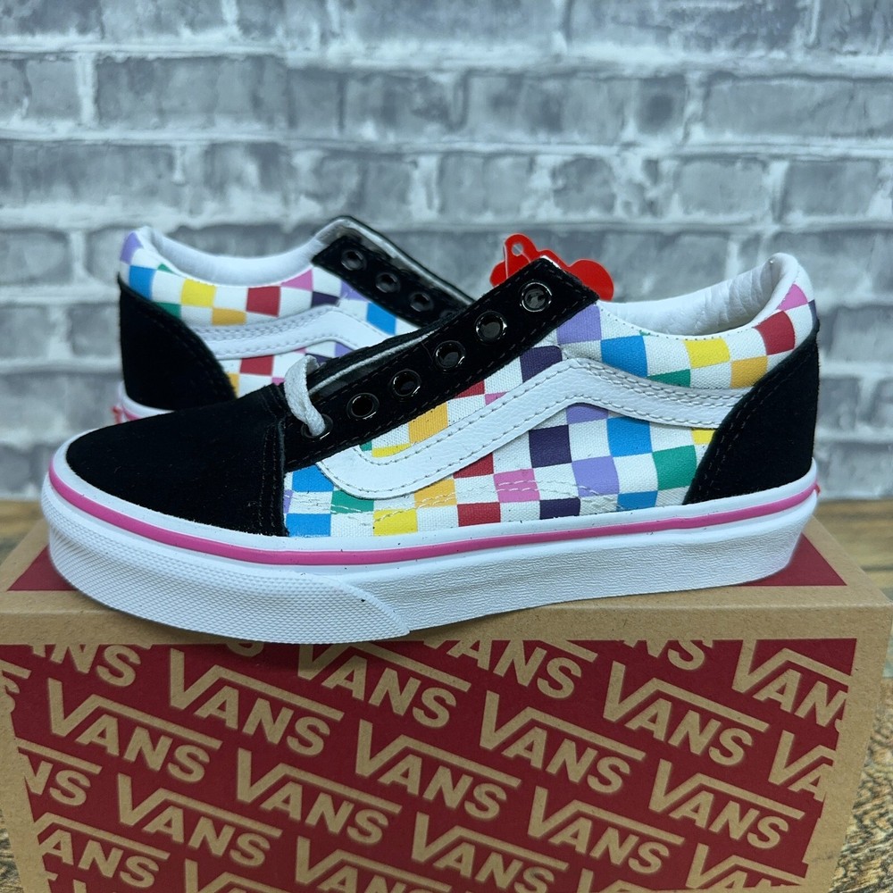 Vans Old Skool Rainbow Checkerboard Black Multicolor Little Kids Size 11.5 K New