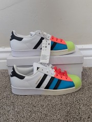 Size 4.5 Youth Unisex Adidas Superstar J White/Green/Blue/Orange Lace Up Trainer