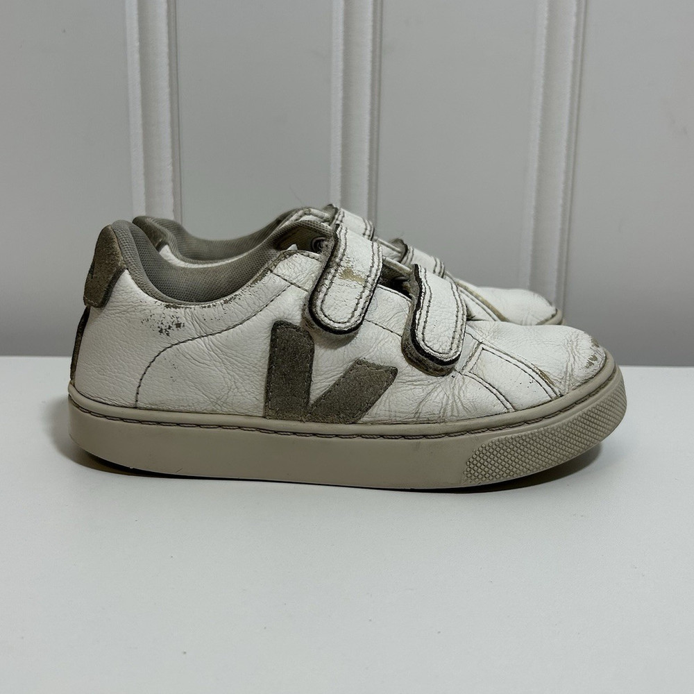 VEJA Esplar White Gray Leather Hook & Loop Low Top Kids Sneakers US 12.5