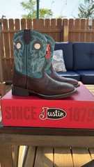 Justin Post – Kid’s Cowboy Boots – Bowline Water Buffalo – Walnut/Sapphire – NIB