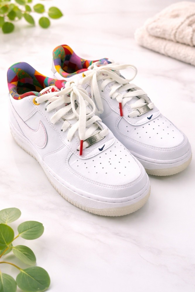 Nike Air Force 1 White Multicolor Leather Kids Sneakers 5Y FN8912-111