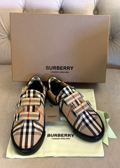 BURBERRY UNISEX MARKHAM CHECK LOW TOP SNEAKERS, BEIGE, BLACK – 3 US / 34 EU, NIB