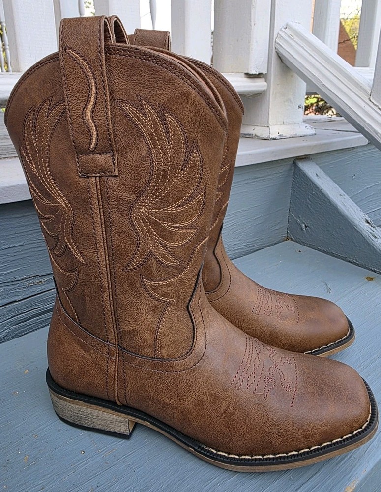 Rollda Kids Square Toe Unisex Sturdy Cowboy Boots Brown – US Kids Size 4
