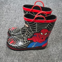 Marvel Spider-Man Rain Boots Kids Size 2/3 Black Red Web Graphic Pull-On Handles
