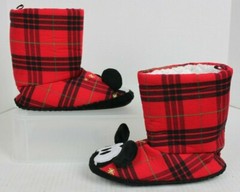 Mickey Mouse Red Holiday Plaid Bootie Slippers Unisex Kid Sz 2/3 NWOT Disney NEW