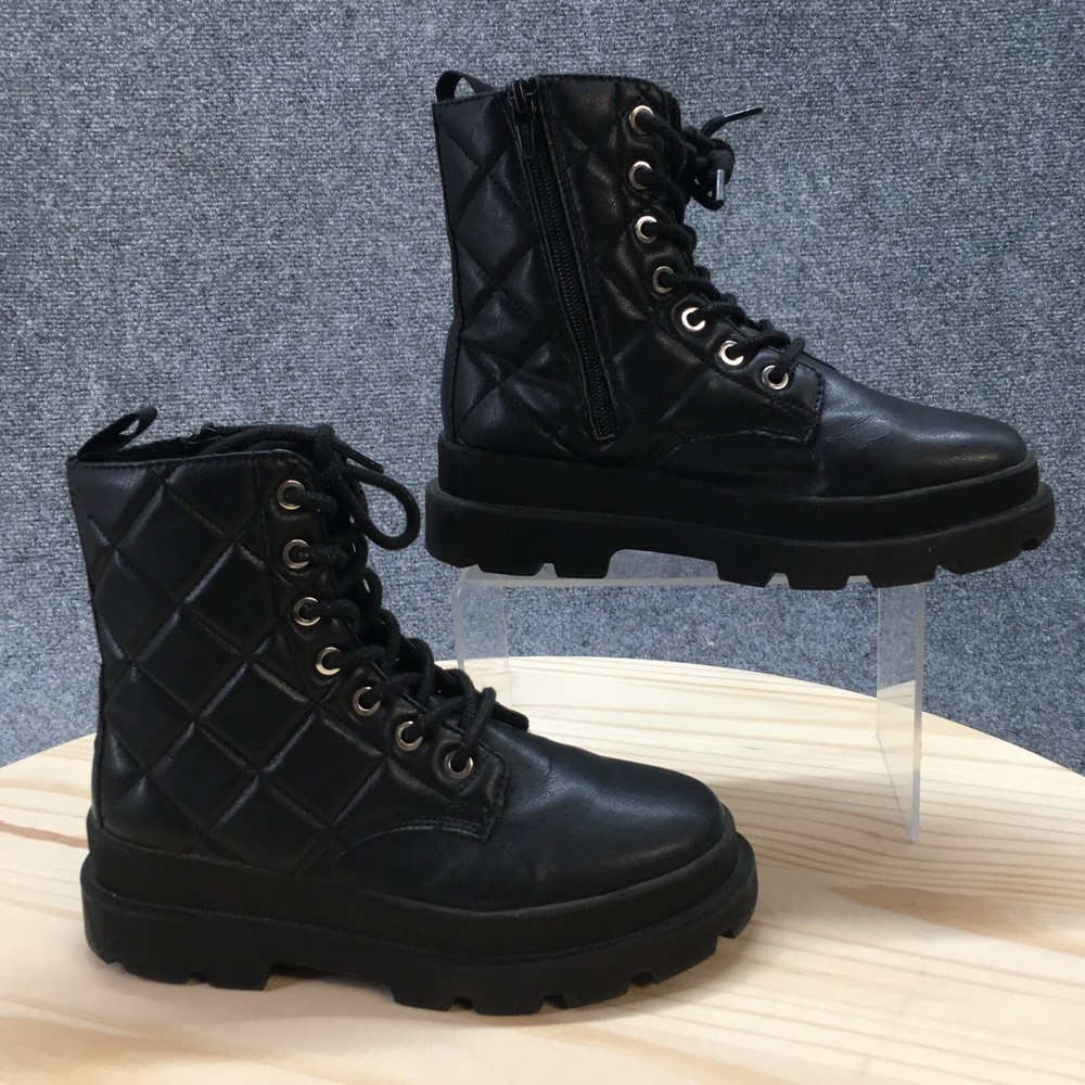H&M Boots Youth 2.5 Quilted Ankle Booties 337877 Black Leather Lace Up Zipper