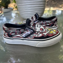 VANS Kids Oliver Peck Tattoo Ink Master Skull Slip-On Shoes Youth Size 10.5
