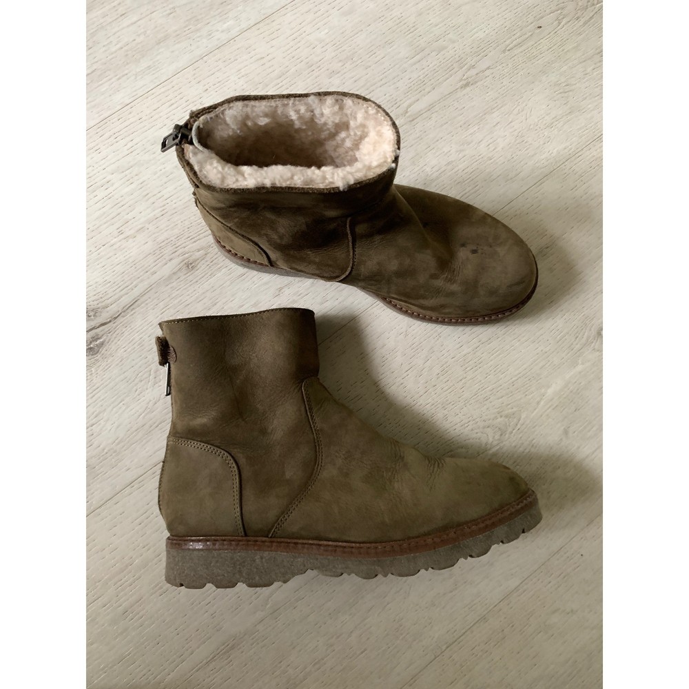 Bonpoint Kids Shearling Lined Leather Boots Olive Green Spain Size 34 Zip Back